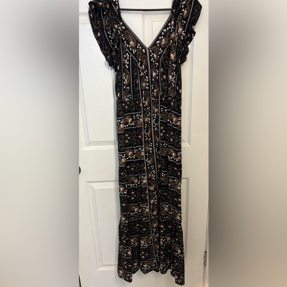 Angie Black Paisley Maxi Dress with Brown and Cream Accents